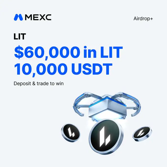 The MEXC Airdrop+ promotional image advertises a $60,000 LIT and 10,000 USDT giveaway for users who deposit and trade the LIT token, featuring the MEXC and Airdrop+ branding alongside 3D renderings of LIT coin tokens.