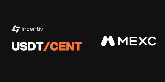 A black graphic displaying 'Incentiv USDT/CENT' on the left and the 'MEXC' exchange logo on the right, separated by a vertical line.