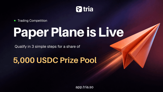 Promotional graphic for Tria's "Paper Plane" Trading Competition, featuring a red paper plane and announcing a 5,000 USDC prize pool where users qualify in 3 simple steps, directing viewers to app.tria.so.