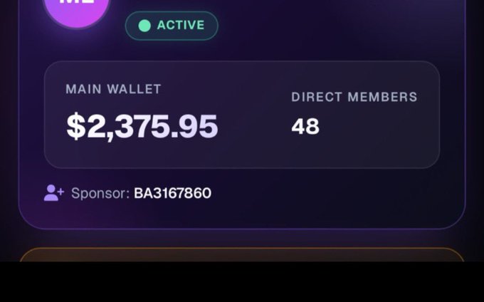 A digital dashboard shows an 'ACTIVE' status with a 'MAIN WALLET' balance of '$2,375.95', '48 DIRECT MEMBERS', and a sponsor ID 'BA3167860'.