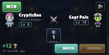 Mobile game screenshot showing a battle result screen where 'CrypticBee' from <Space Riders> at Lv. 8 defeated 'Capt Pain' at Lv. 10.