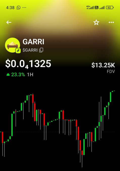 A mobile app screenshot showing the GARRI cryptocurrency ticker ($GARRI) at $0.01325, up 23.3% in 1 hour, with an FDV of $13.25K and a green and red candlestick chart.