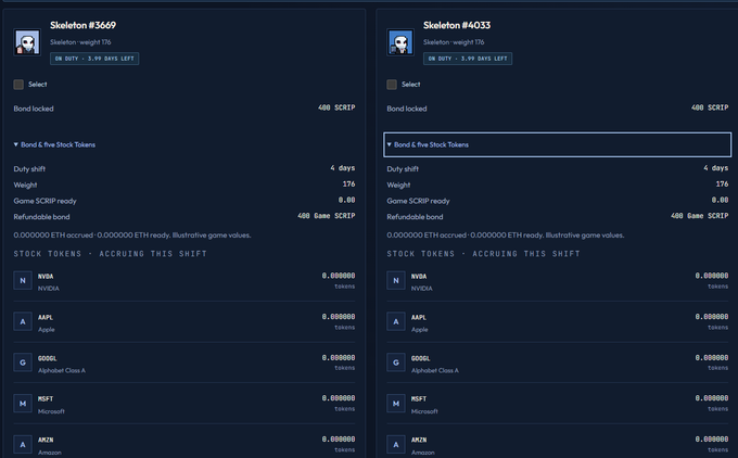 Two NFT skeletons (Skeletons #3649 and #4033) are shown in a marketplace interface, both bonded and accruing SCRIP tokens at a rate of 400 tokens/second while holding stock tokens for tickers like NVDA, AAPL, GOOGL, MSFT, and AMZN. The image illustrates how the user's skeletons are generating token rewards, matching the claim that "my skeletons are working for tokens now."