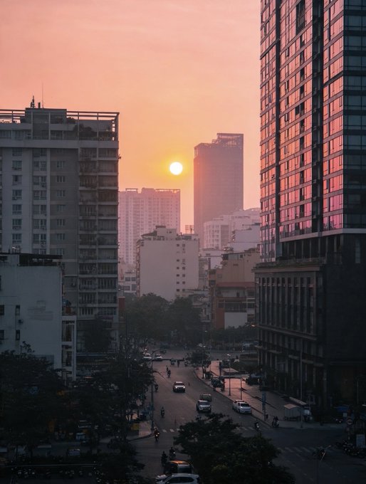 A cityscape at sunset or sunrise, with the sun visible between tall buildings casting a warm orange and pink glow over the urban skyline and a busy street below.