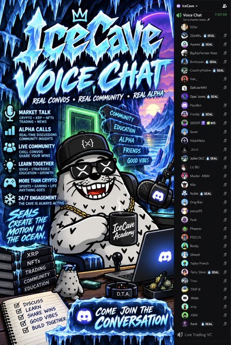 A promotional graphic for 'IceCave Voice Chat' features a cartoon seal character wearing sunglasses and a cap, with text highlighting features like 'Market Talk,' 'Alpha Calls,' and '24/7 Engagement,' alongside a Discord user list.