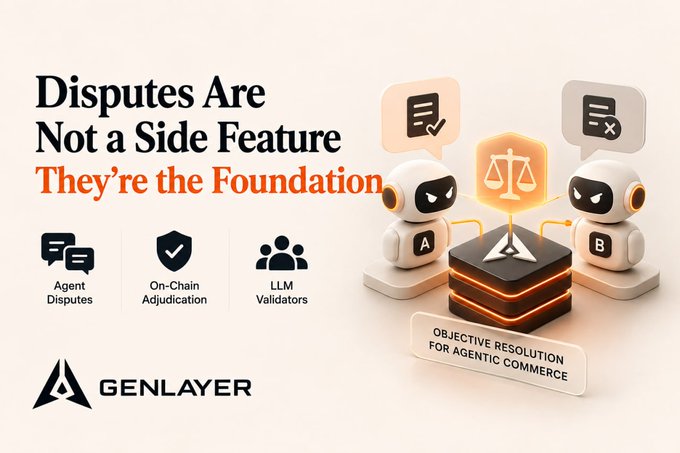 A promotional graphic for GenLayer with the text 'Disputes Are Not a Side Feature They're the Foundation', featuring icons for 'Agent Disputes', 'On-Chain Adjudication', and 'LLM Validators', along with two robot figures labeled A and B with a scale of justice between them.