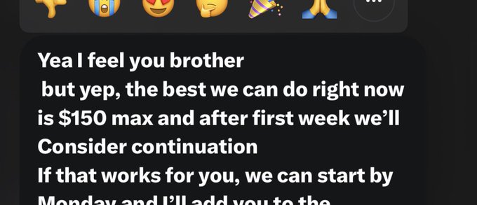 A screenshot of a chat message offering a freelance position at "$150 max" for the first week with potential continuation afterward. The message relates to the accompanying post about seeking steady 3-figure gigs in web3 jobs, illustrating the modest pay rates often found in such work.