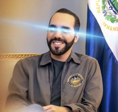 An AI-generated or edited image shows a smiling bearded man wearing a grey El Salvador jacket, positioned next to a Salvadoran flag and seated in a leather chair.