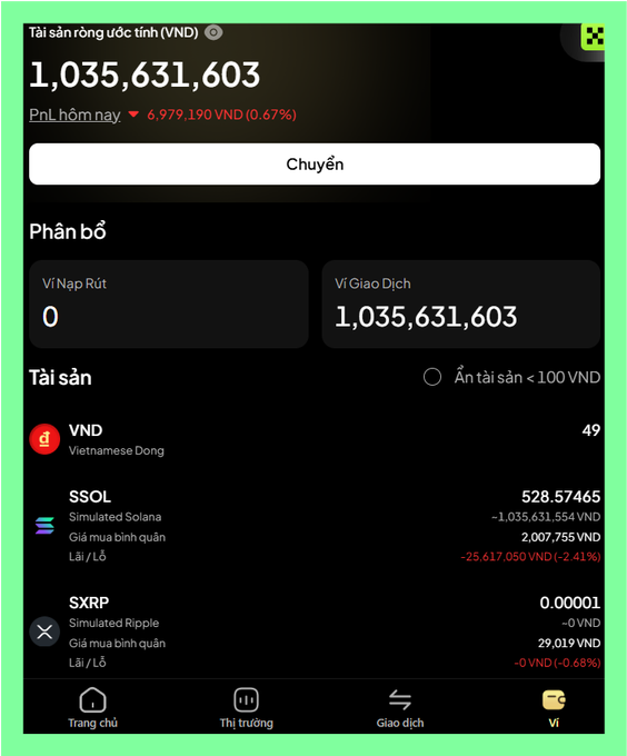 Crypto wallet screenshot in Vietnamese showing total assets of 1,035,631,603 VND, with holdings in VND, SSOL (Simulated Solana), and SXRP (Simulated Ripple).