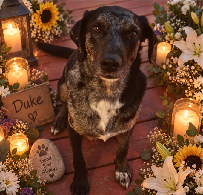 A black and brindle dog named 'Duke' sits on a wooden deck surrounded by lit candles, sunflowers, lilies, and stones reading 'Duke' and 'Good Boy Always'.