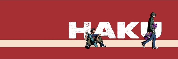 A wide banner with a red background displaying the word 'HAKU' in large white text alongside two anime-style characters.