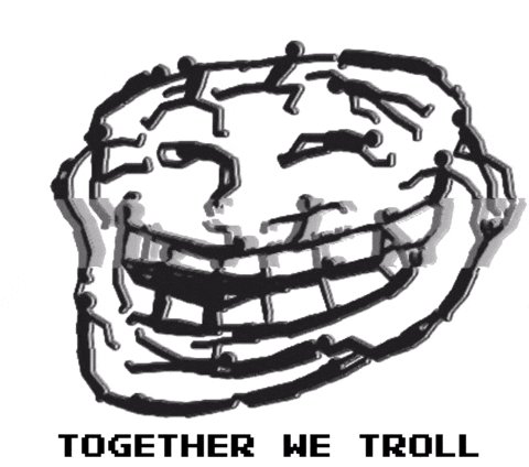 The image features a black and white drawing of a face with a big smile, surrounded by several smaller people who appear to be laughing or smiling as well. The caption below the image reads "Together We Troll", which suggests that the image might be related to a humorous social media post or meme involving trolls.