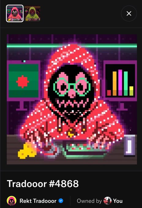 A pixel-art profile of a hooded figure in a red hoodie and green glasses is displayed as the NFT "Tradooor #4868," which is verified and owned by the user "Rekt Tradooor." The image supports the post by showcasing this specific collectible, which the user highlights as being rare due to its 0.51% flag rarity and 2% vision rarity attributes.
