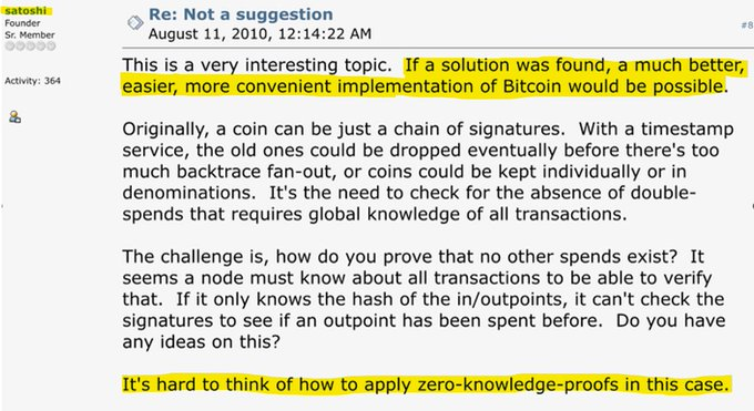 A forum post dated August 11, 2010, from Satoshi titled 'Re: Not a suggestion', discussing Bitcoin implementation and zero-knowledge-proofs, with key sentences highlighted in yellow.
