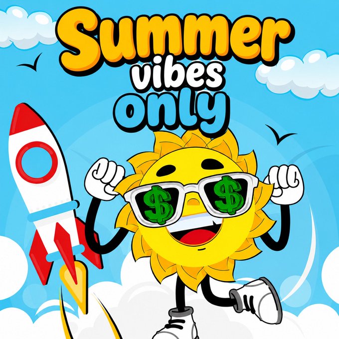 A cheerful cartoon sun wearing dollar-sign sunglasses runs alongside a rocket with the bold text "Summer vibes only" above, capturing the optimistic, money-making spirit of the $SUMMER token featured in the post.