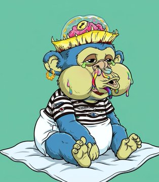 The image features a cartoon monkey sitting on a white sheet, wearing a diaper and a striped shirt with a crown on its head. The monkey appears to be in a playful mood, as if it's about to take a bite out of something or is just having fun. The background of the image is green, which contrasts nicely with the white sheet that the monkey is sitting on. There are no texts present in the image, and the monkey seems to be the main subject of the picture.