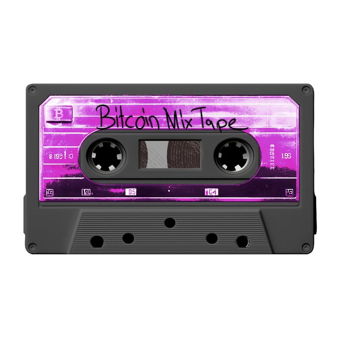 A purple and black audio cassette tape labeled 'Bitcoin Mix Tape' with a Bitcoin logo in the top left corner.