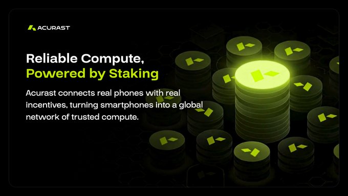 A dark promotional graphic for 'ACURAST' with the headline 'Reliable Compute, Powered by Staking,' explaining how the platform connects smartphones into a global compute network, illustrated with stacks of coins.