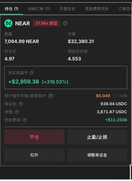 A cryptocurrency trading interface in Chinese showing NEAR at $32.38 with a +319.03% gain, leverage of 37.56x, and platform price of $5.049.