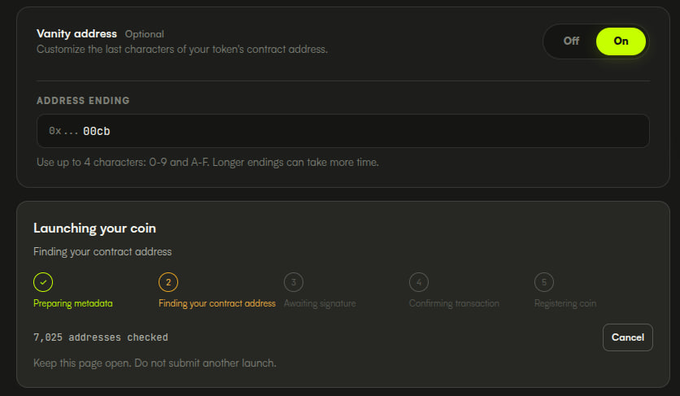 A dark-themed interface for launching a token with a customizable vanity address ending, currently set to "00CB," shows the process in step 2 of 5 ("Finding your contract address") with 7,025 addresses checked. This illustrates the new vanity CA ending feature for @UseCoinbarrel, allowing users to personalize the last characters of their token's contract address.