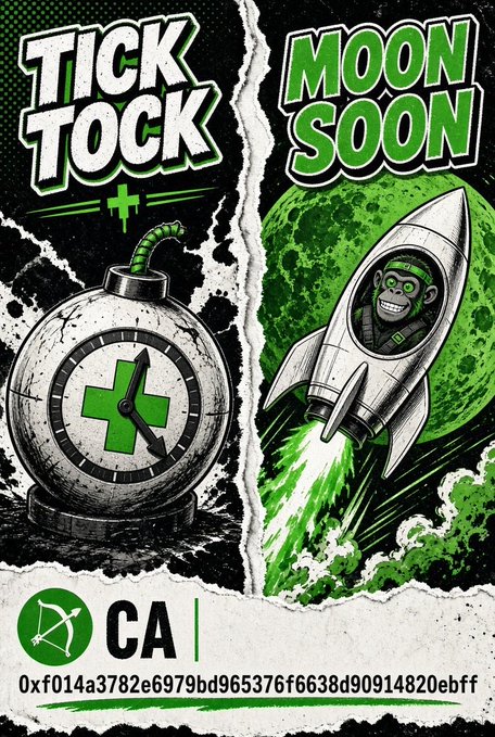 A graphic poster split by a torn paper effect shows a cracked bomb on the left with the text 'TICK TOCK' and a monkey in a rocket on the right with the text 'MOON SOON', featuring a 'CA' logo and a long alphanumeric string at the bottom.