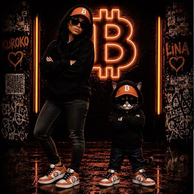 A stylized illustration of a woman and an anthropomorphic cat both wearing Bitcoin-branded orange caps, hoodies, and sneakers, posing in front of a glowing orange Bitcoin symbol with graffiti-covered walls labeled 'KUROKO' and 'LINA'.