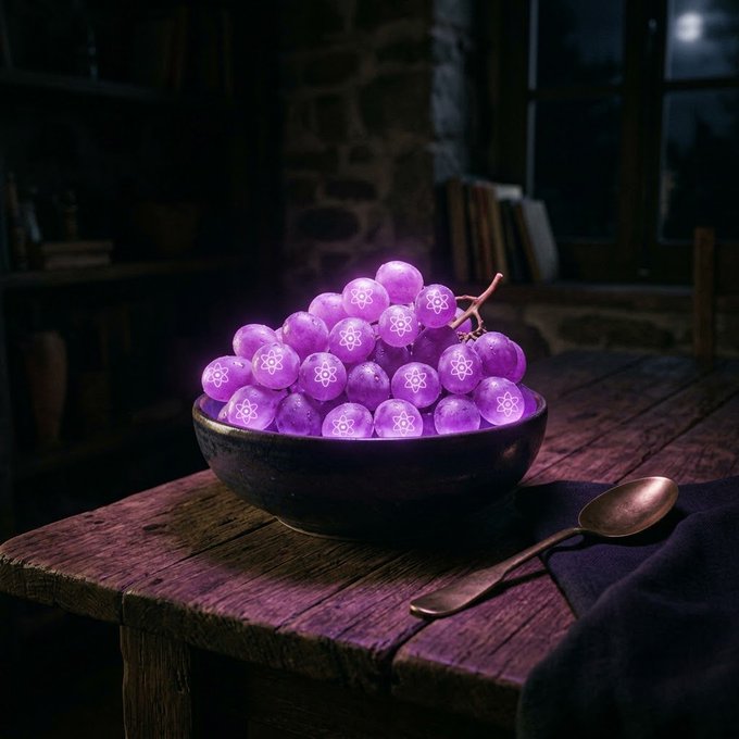 A dark, moody still life photograph showing a black bowl filled with glowing purple grapes marked with atom symbols, sitting on a wooden table next to a spoon.