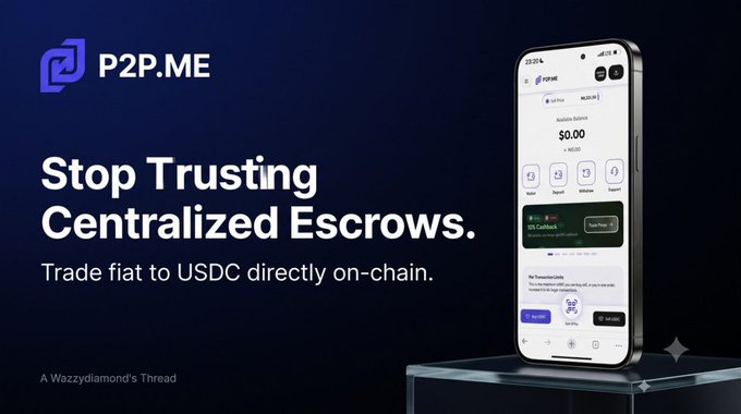 The image is a promotional graphic for P2P.ME featuring a smartphone displaying the app's interface, alongside the tagline "Stop Trusting Centralized Escrows" and the subheading "Trade fiat to USDC directly on-chain." It visually reinforces the post's message about P2P.ME's solution to centralized escrow risks in fiat-to-USDC swaps, particularly for users in Nigeria facing chargeback risks and bank freezes.