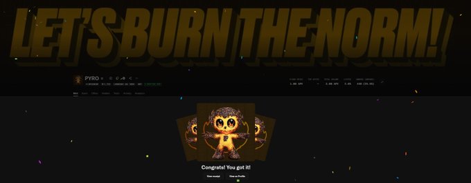A dark webpage banner with the large yellow text 'LET'S BURN THE NORM!' above a 'Congrats! You got it!' message and a 3D character image.