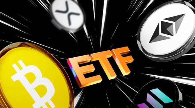 A graphic featuring 'ETF' in bold orange letters surrounded by Bitcoin, XRP, Ethereum, and Solana cryptocurrency logos against a black background with speed lines.