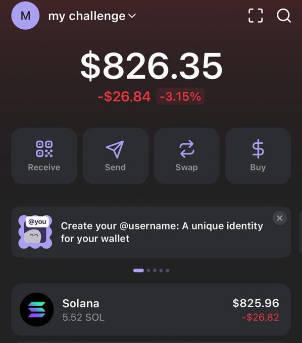 A crypto wallet interface displays a portfolio value of $826.35, down $26.84 (-3.15%), holding 5.52 Solana (SOL) worth $825.96, showing the early progress of the "$5 SOL to 1000 SOL challenge" mentioned in the post. The wallet name "my challenge" reinforces the goal of growing the initial SOL holdings into a much larger amount.