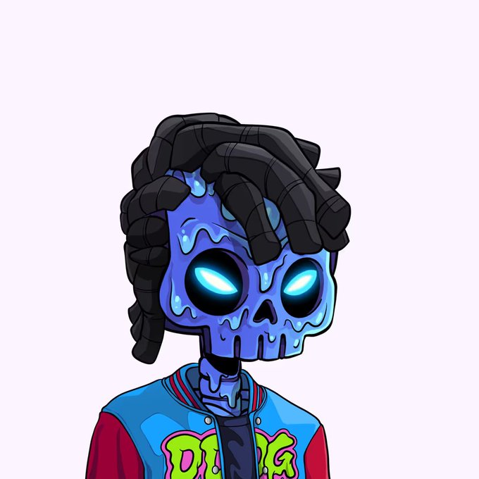 A cartoonish blue skull character with glowing cyan eyes, dreads, and a "DDG" varsity jacket over a white shirt, matching the described "DDG Varsity Jacket" and "Mana Blue eyes" attributes.