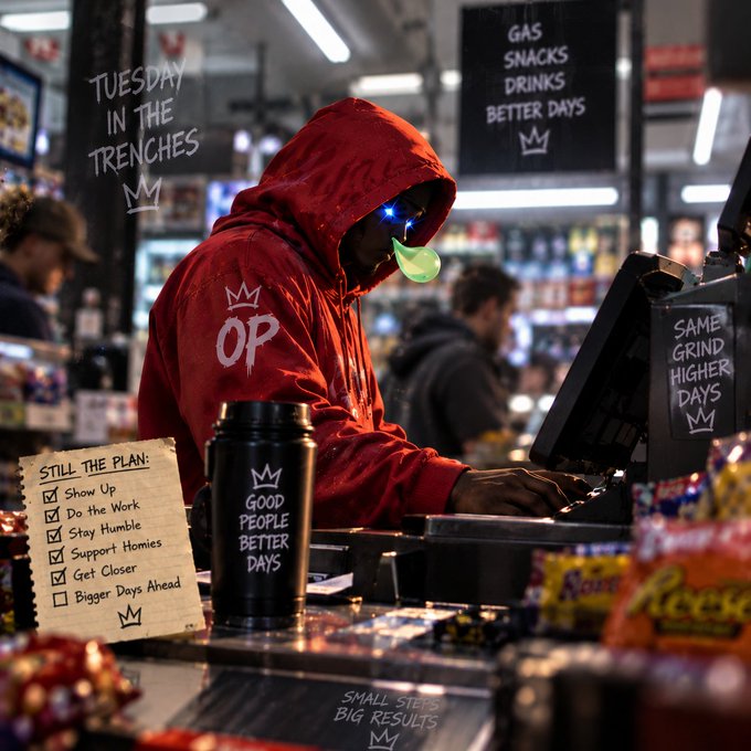 A person in a red hoodie with 'OP' on it working at a convenience store counter, with a checklist titled 'STILL THE PLAN' and signs saying 'TUESDAY IN THE TRENCHES' and 'GOOD PEOPLE BETTER DAYS'.