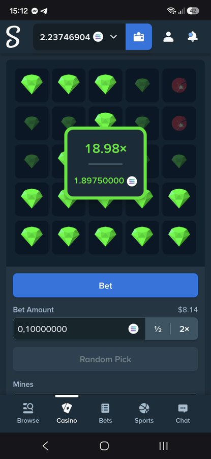 A Stake.com Mines game screen showing a 2.23746904 SOL balance with an 18.98x multiplier and 1.89750000 potential payout on a $8.14 bet, promoting a giveaway to users who drop their username and Solana wallet address.