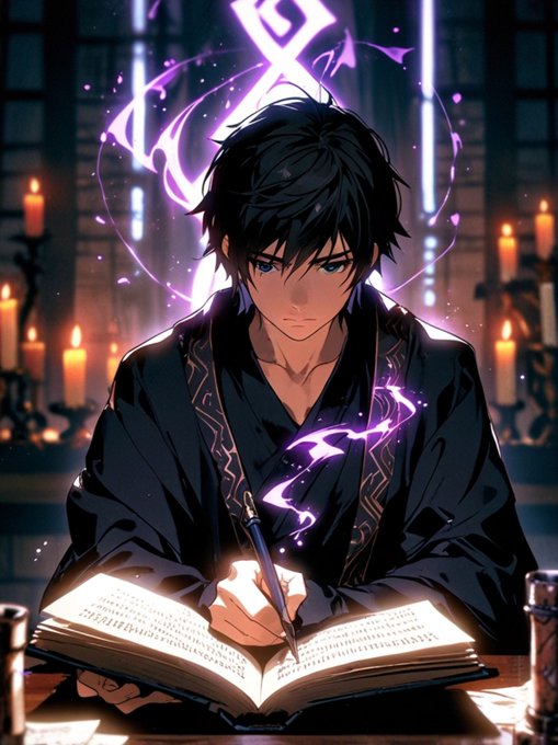 An anime-style digital artwork of a dark-haired young man in dark robes writing in an open book with a glowing purple quill, surrounded by floating purple runes and candlelight in a gothic interior.