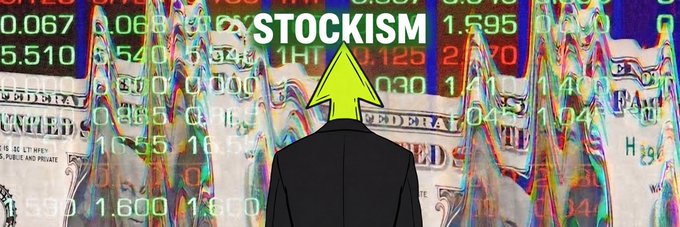 A man in a suit stands facing a green "STOCKISM" arrow surrounded by numbers and dollar bills, symbolizing the platform's promise of dividend-yielding memecoins on Robinhood Chain as highlighted in the post about Stockism Markets being an intriguing new launchpad.