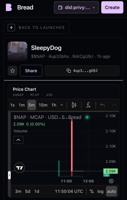 The image shows a screenshot from the Bread platform displaying a recently launched token called "SleepyDog" with the ticker $SNAP, featuring a price chart showing minimal price movement (2.09K) in the early minutes after its creation. This relates to the post's commentary on Solana's launch ecosystem by visualizing a newly created token trade, illustrating how quickly tokens can be deployed and tracked on the platform—exemplifying the accessible token creation described while prompting discussion about how market design needs to evolve beyond the raw ability to launch.