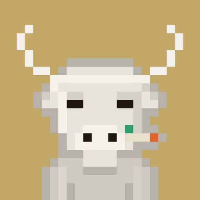 A pixel art character of a white cow-like figure with long horns smoking a cigarette with a green filter.