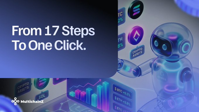 The image shows a robot with headphones sitting next to a computer monitor, both appearing to be interacting with each other. The background features various icons of cryptocurrency-related activities such as mining, trading, and portfolio management. Below these elements, there is text that reads "From 17 steps to One click." This suggests that the viewer should follow this sequence of instructions to achieve their desired outcome or complete a task.