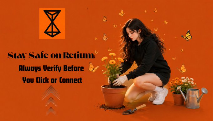 A young woman kneels to plant marigolds in a terracotta pot against a vivid orange background scattered with butterflies, alongside a watering can and trowel. The image features the text "Stay Safe on Retium: Always Verify Before You Click or Connect" and a geometric logo, illustrating the gentle, growth-focused spirit of the platform while warning users to stay vigilant against scammers and fake accounts.