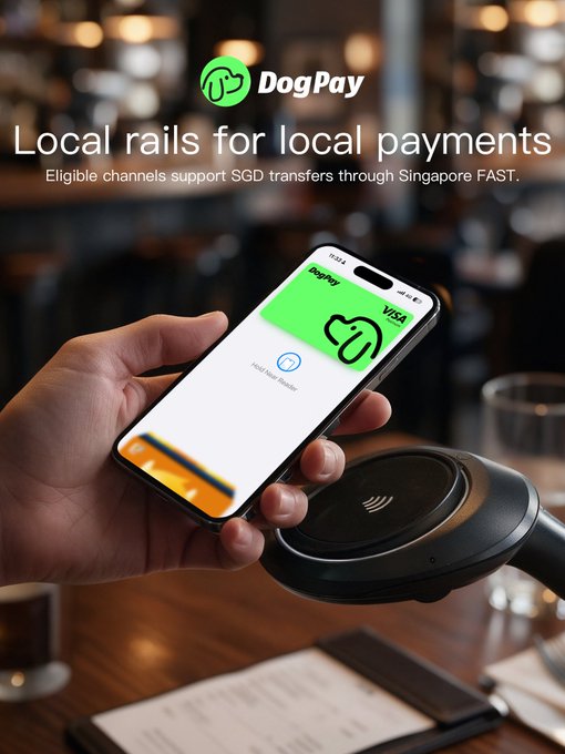 DogPay promotional image showing a hand holding a phone with a Visa card paying $3.10 at a contactless terminal, with the tagline "Local rails for local payments" and note about SGD transfers through Singapore FAST.