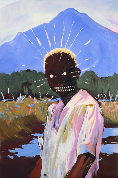 A stylized painting of a dark figure with glowing white eyes, a toothy grin, and a radiant white halo, set against a vivid landscape with blue mountains and a colorful field. The ethereal, almost otherworldly figure paired with the "GM" (good morning) greeting suggests a surreal, spiritual "rise and shine" energy to start the day.