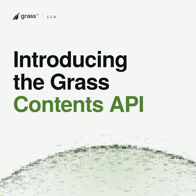 Promotional graphic with bold text reading "Introducing the Grass Contents API" alongside the Grass logo and "LCR" branding, set against a backdrop of green and black code-like text arranged in a hill shape, visually reinforcing the launch of their new Live Context Retrieval tool for agents.