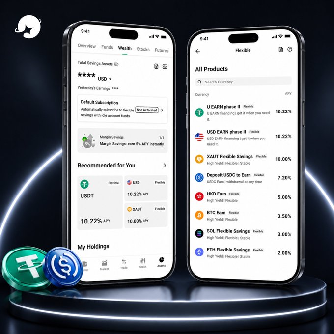The image displays two smartphones showcasing a crypto app's wealth management interface, featuring flexible savings products like USDT EARN (10.22% APY), USD EARN (10.22%), XAUT (10.00%), and options to earn on holdings including ETH, SOL, BNB, and BTC. This visual reinforces the post's message about BiyaPay's all-in-one platform, illustrating how users can seamlessly access both crypto yield products and traditional U.S. stock markets within a single unified interface.