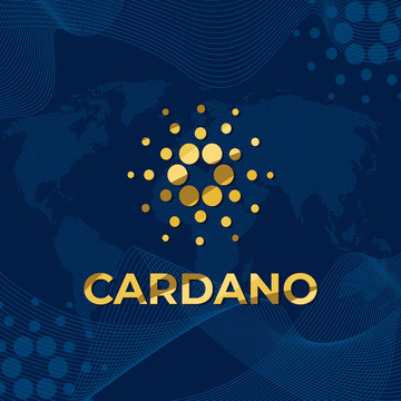 The image shows the Cardano logo, featuring its distinctive gold sunburst emblem above the word "CARDANO" in gold lettering, set against a blue background with a faint world map and circular dot patterns. This visual directly relates to the accompanying post about Cardano's YouTube channel being hijacked to promote a scam featuring an AI-generated Charles Hoskinson video, tying the brand to the security breach news.