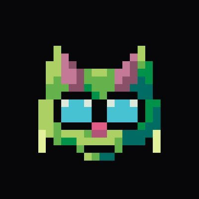 A pixel art illustration of a green cat-like character with large blue eyes, pink ears, and a small pink nose on a black background.