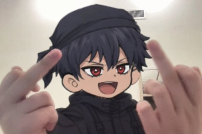 A person is shown making peace signs with both hands, with an anime-style overlay of a character featuring dark hair, red eyes, and a black cap. The image humorously illustrates the post's message about being a dedicated crypto enthusiast who holds $TRUMP, $MELANIA, and $ANSEM tokens, with the "peace" gesture playfully suggesting the casual attitude of someone deeply invested in these meme coins.