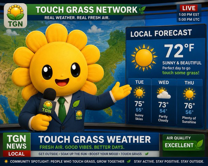A cheerful sunflower mascot in a TGN suit delivers the "Touch Grass Weather" report on a news-style broadcast, showing a current local forecast of 72°F with sunny skies, alongside a three-day outlook (75° Tue, 73° Wed, 76° Thu) and an "Air Quality: Excellent" tag. The image visually reinforces the meme's $TOUCHGRASS message of stepping outside for fresh air, sunshine, and good vibes.