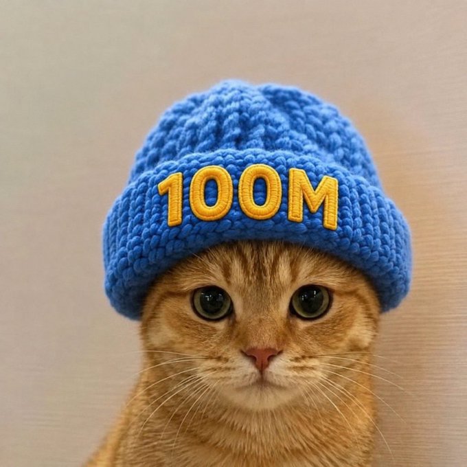 Close-up photo of an orange tabby cat wearing a blue knitted beanie hat with '100M' embroidered in yellow.