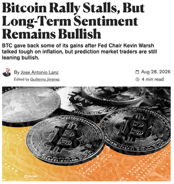 The image is a CoinDesk news article headlined "Bitcoin Rally Stalls, But Long-Term Sentiment Remains Bullish," authored by Jose Antonio Lanz on August 28, 2026, featuring a close-up photograph of physical Bitcoin tokens resting on a circuit board. The article relates to the post's mention of crypto majors being slightly red after US-Iran tensions, with BTC trading at $78.4k, while highlighting that prediction market traders remain bullish on Bitcoin's long-term prospects despite the recent pullback.